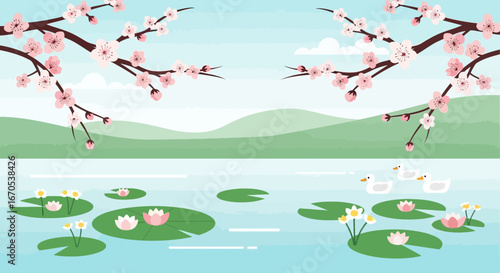 Spring Scenery Vector With Cherry Blossoms And Water Lilies In Pond Calm Scene