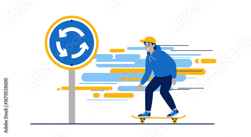 Skateboarder Gliding Past Roundabout Sign Depicting Motion and Direction Concepts