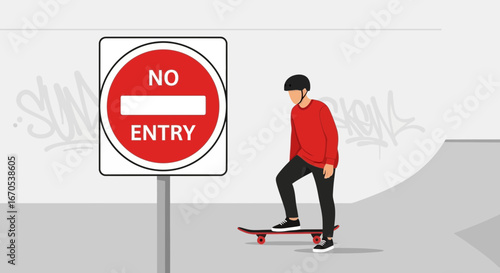 Skateboarder Ignoring No Entry Sign At Skate Park Illustrative Design
