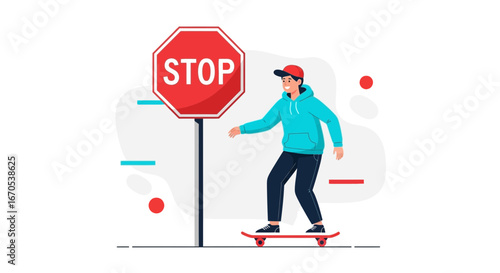 Skateboarder Ignoring Stop Sign With Isolated Background In Vector Illustration