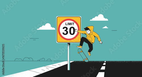 Skateboarder Ignoring Speed Limit Having Fun Outdoors On Sunny Day