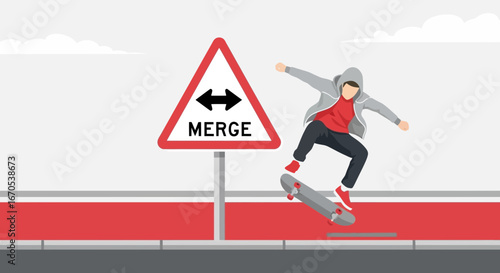 Skateboarder Jumps Over The Red Line With Merge Sign During Summer Season