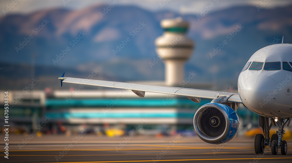 Fototapeta premium Close-up of commercial aircraft engines as plane taxis along yellow line, runway markings clear, soft sunlight, control tower and crew blurred in background, focus on aviation oper