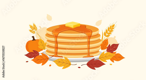 Stack Of Pancakes With Maple Syrup And Butter Surrounded By Autumnal Decorations