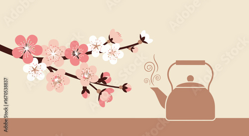 Springtime Tea Ceremony Blossom Branch Illustration Design Minimalist Style