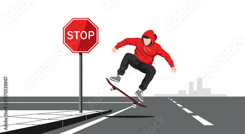 Skateboarder Performing an Ollie Next to a Stop Sign in an Urban Environment with a Modern Graphic Style