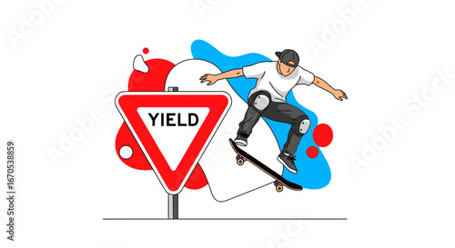 Skateboarder Performing Trick Next To Yield Sign Surrounded By Abstract Shapes