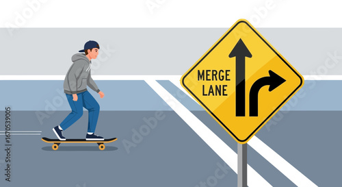 Skateboarder Riding on the Road Next to a Merge Lane Sign Caution Theme