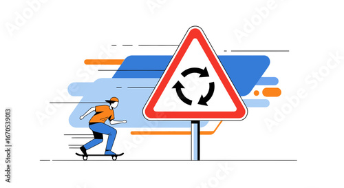 Skateboarder Riding Past Roundabout Sign In Modern Urban Landscape Illustration