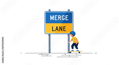 Skateboarder Young Boy Doing Tricks Near The Merge Lane Road Traffic Sign