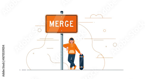 Skateboarder Under Merge Sign With Minimalist Graphic Aesthetic Illustration
