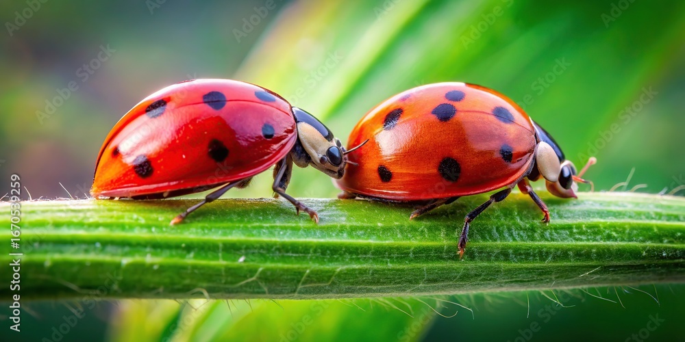 Fototapeta premium Two ladybugs together on a green stem in nature
