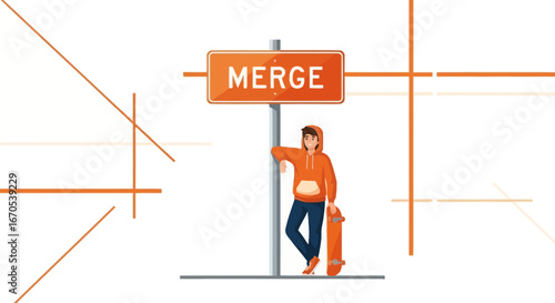 Skater Dude Under Merge Sign Graphic Design For Creative Composition Concept