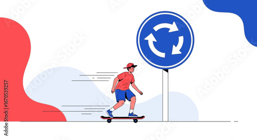 Skater Near Roundabout Sign: Urban Culture and Road Safety Awareness