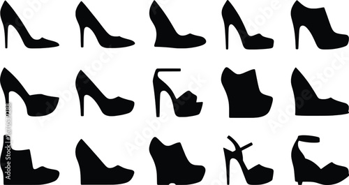 Collection of elegant high heel shoe silhouettes on white background