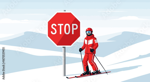 Skier Alert Next to Red Stop Sign on Snowy Mountain Peak Winter Day