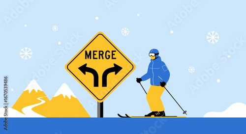 Skiers Navigate Merge Point Amidst Snowy Mountain Landscape In Winter