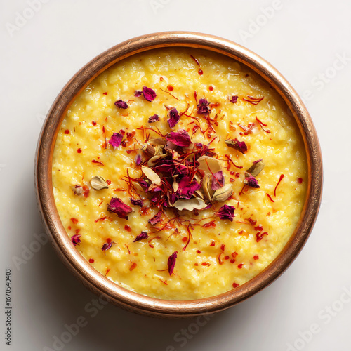 Delicious traditional indian rice pudding kheer garnished with rose petals and saffron isolated on white background