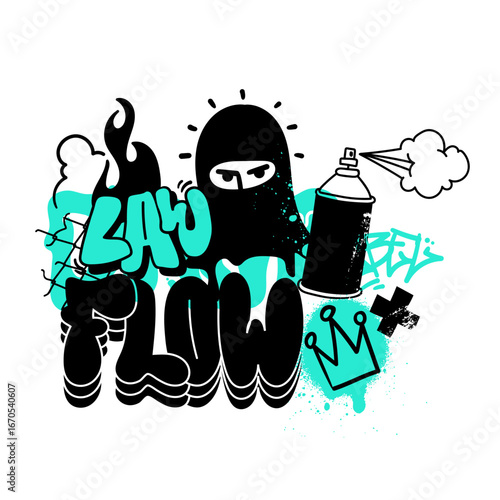 Street art graffiti illustration with doodles, tags, letters. Designed in black and turquoise colors, perfect for trendy clothing prints, hip hop culture designs, and modern urban backgrounds.