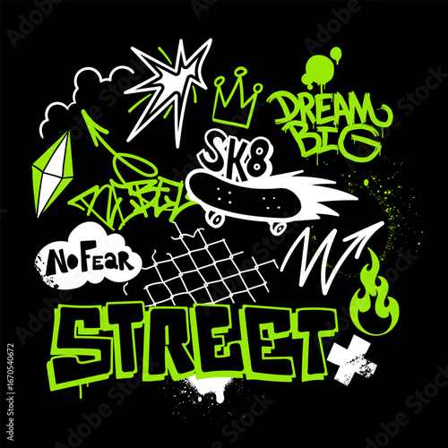 Illustration in skateboarding and graffiti style, with doodles, letters, tags. Street culture print design. Ideal for t-shirt, streetwear fashion, and modern urban design.