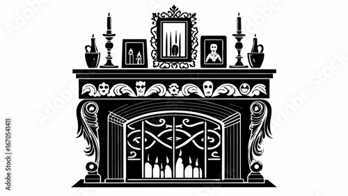 Illustration of a decorated fireplace with candles and pictures in a black and white color scheme design |  editable eps vectors silhouette