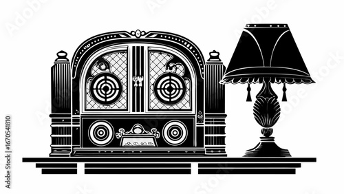 Illustration of an antique radio with decorative details and a table lamp in black and white style |  editable eps vectors silhouette