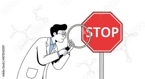 Scientist examining stop sign with magnifying glass illustration concept warning