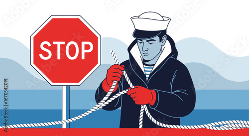 Seaman Manipulating Ropes With Stop Sign Indicating Caution In Harbor Waters