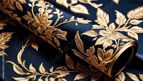 Luxurious dark blue fabric with intricate golden floral embroidery