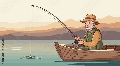 Senior Fisherman Enjoying Peaceful Hobby Of Fishing From His Boat At Sunset