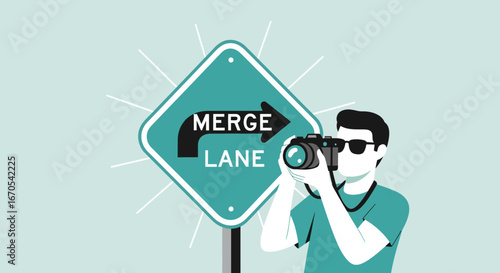 Photographer Capturing Merge Lane Road Sign With Professional Camera Setup