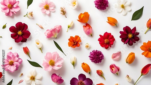 Vibrant assortment of fresh spring flowers and buds scattered