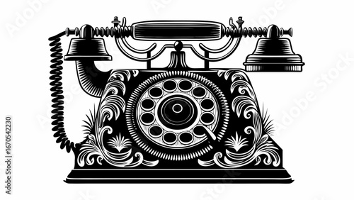 Illustration of a vintage rotary dial telephone with ornate floral decorations in black and white style |  editable eps vectors silhouette