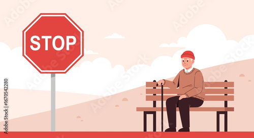 Senior Man Taking a Rest on Bench Next To the Stop Sign Concept