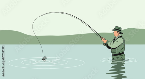 Serene Angler Casting Fly Rod Under Peaceful Sky By Calm Lake