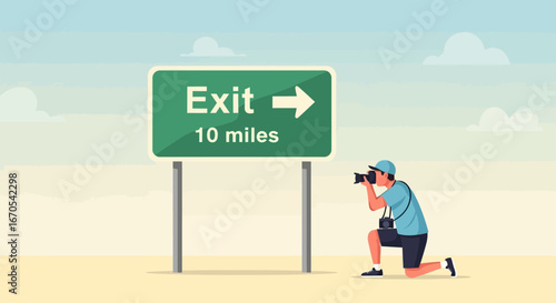 Photographer Capturing Road Sign With Exit Direction During Travel Adventure