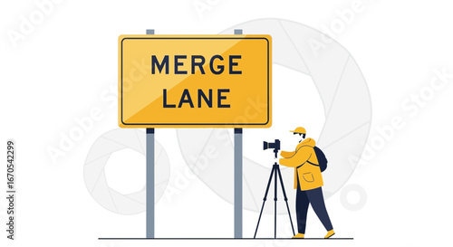 Photographer Capturing Roadside View Illustration Merge Lane Awareness Concept