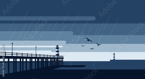 Pier Silhouette Under Rainy Skies And Distant Lighthouse With Seagulls Flight