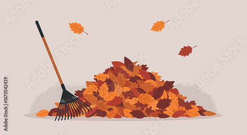 Pile of Autumn Leaves With Rake Preparing to Gardening and Landscaping Service