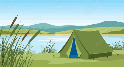 Serene Camping By The Lake Nature Illustration In Minimalist Style During Daytime