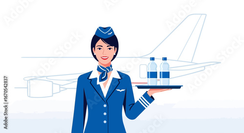 Polite Stewardess Serving Refreshments On Airplane For Passenger Safety Comfort