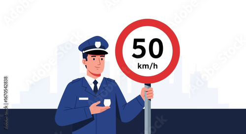 Policeman Holding Speed Limit Sign Enforcing Traffic Regulations In The City