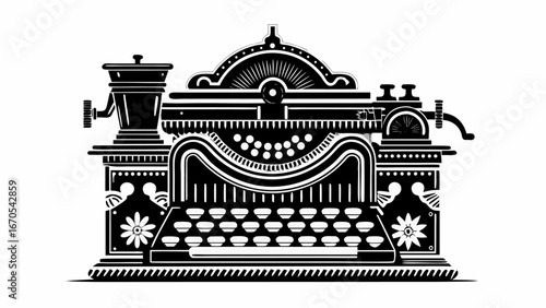 An elaborate vintage typewriter with coffee grinder and gauge in black and white illustration |  editable eps vectors silhouette