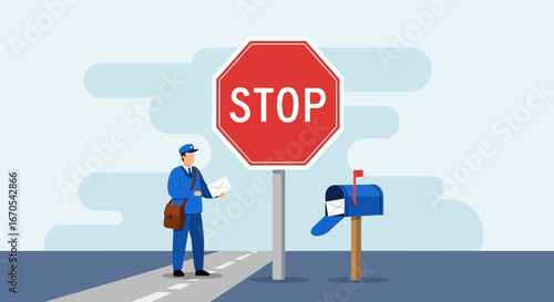 Postal Worker Delivers Mail Next To Stop Sign By A Blue Mailbox