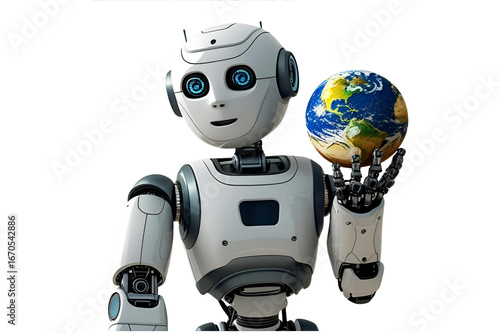 cheerful white robot with blue eyes, holding a colorful earth, no background