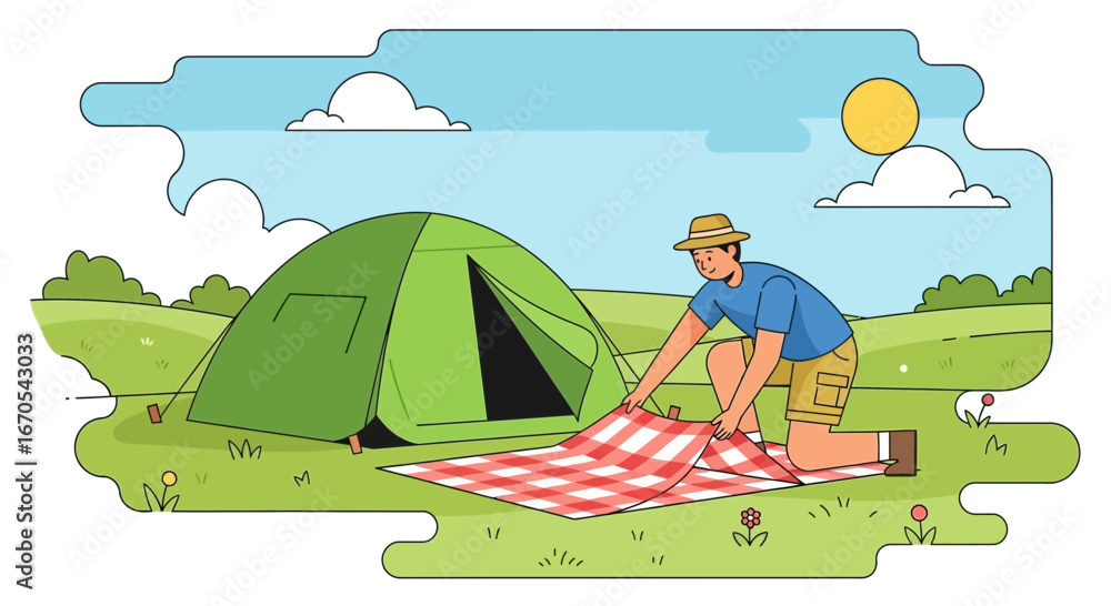 Fototapeta premium Preparing For A Summer Camping Trip Man With A Picnic Blanket Outdoors