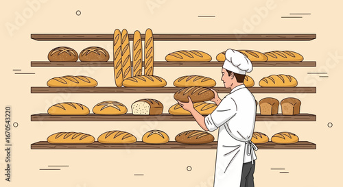Professional Baker Displaying Freshly Baked Bread On Shelves In A Bakery