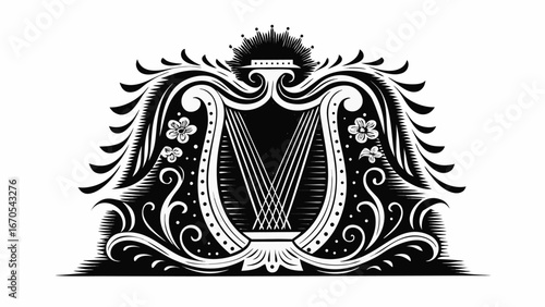 Ornate black and white harp illustration with floral and crown design elements in decorative style |  editable eps vectors silhouette