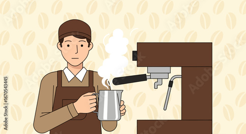 Professional Barista Steaming Milk For Latte Art Creation In A Coffee Shop