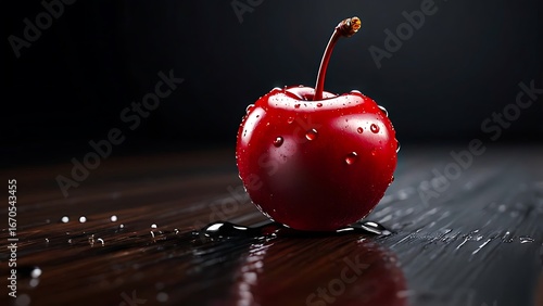 Single red cherry with water droplets on dark background